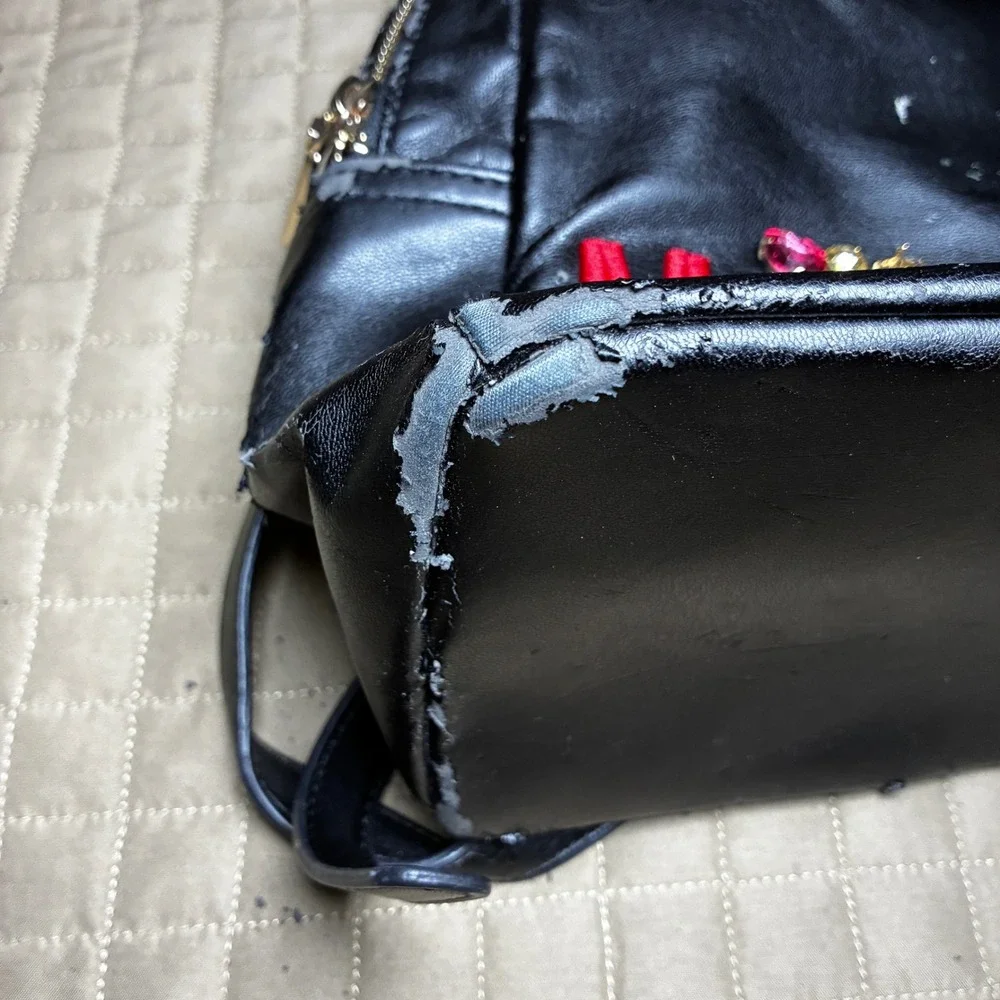 Love‎ Moschino Black Faux Leather Backpack Jeweled Patches Red Logo AS IS Repair